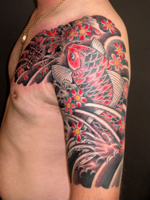Koi and cherry blossoms half sleeve to chest panel by Rich