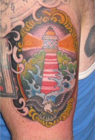 Lighthouse tattoo on Martin. Tattoo by Helen.