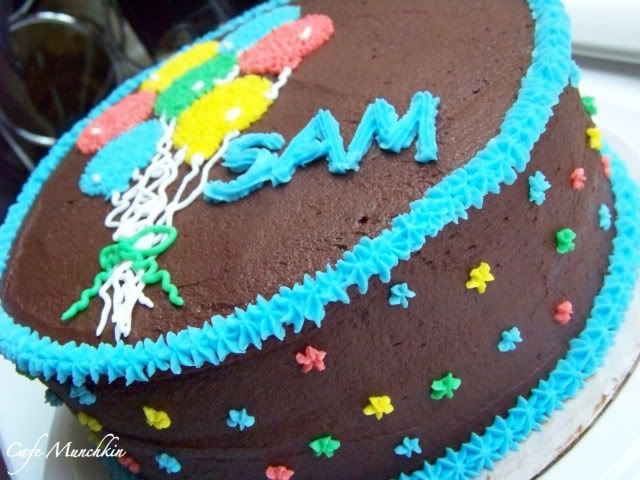 birthday balloons and cake. Happy irthday, Samuel!